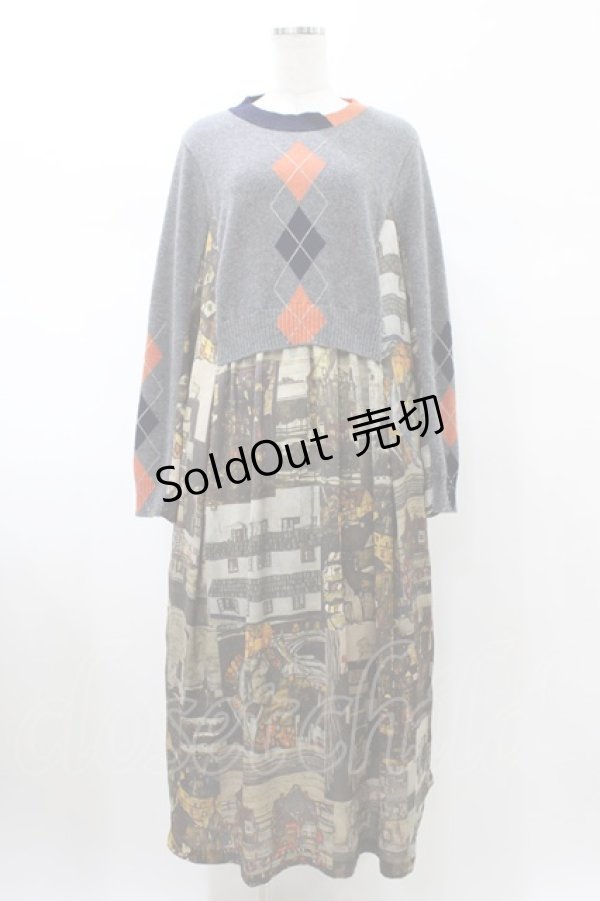 画像1: Jane Marple Dans Le Salon / Schiele's landscapesトロンプルイユドレス  サンドベージュ×ミックスグレー H-26-02-08-1031-JM-OP-KB-ZH (1)