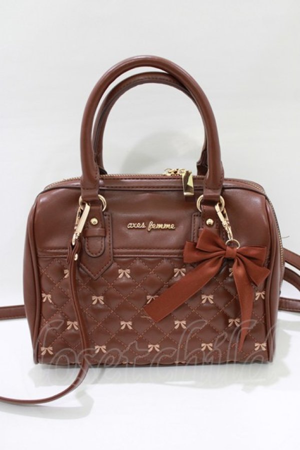 画像2: axes femme / リボン刺繍キルトボストン  ブラウン H-26-02-08-054-AX-BG-NS-ZH (2)