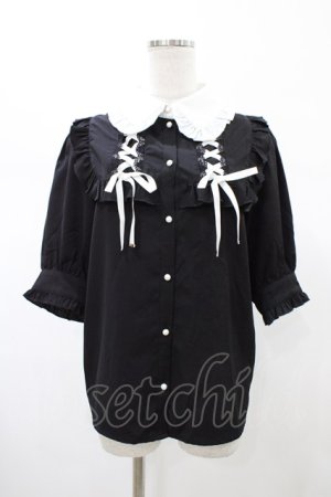 画像: Rojita / 衿フリルダブルレースアップ配色ブラウス Free ブラック H-26-02-09-048-LO-BL-NS-ZH