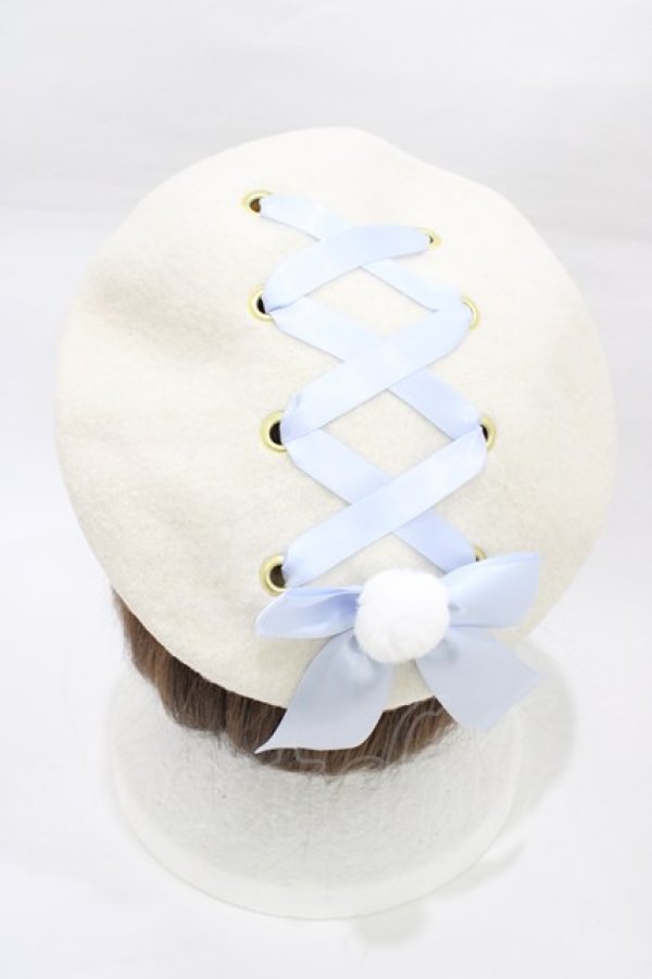 画像2: Amavel / ファーポン付レースアップフェルトベレー  オフ/サックス H-26-02-09-008-CA-AC-NS-ZH (2)