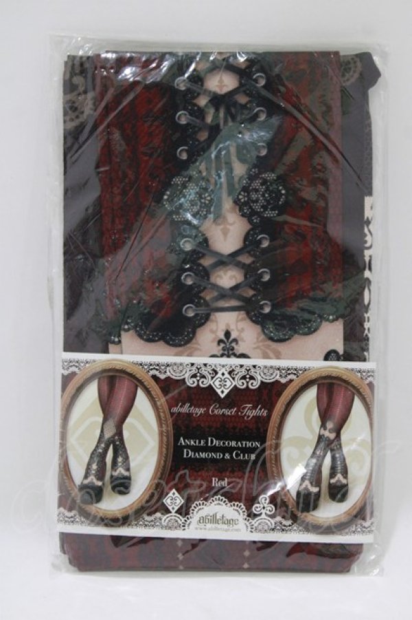 画像1: abilletage / ANKLE DECORATION DIAMOND＆CLUB コルセットタイツ  レッド H-26-02-10-070-GO-ZA-KB-ZH (1)