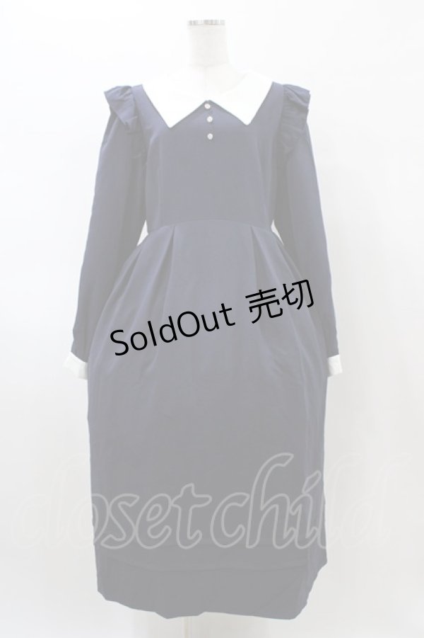 画像1: DearMyLove / 配色角襟フリルタック長袖ワンピース 3L ネイビー H-26-02-11-1017-EL-OP-NS-ZH (1)
