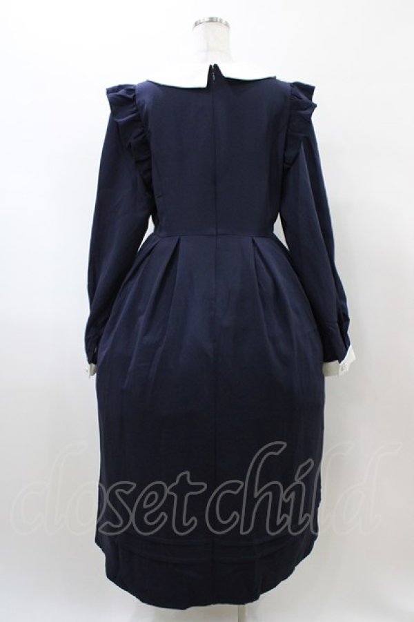 画像2: DearMyLove / 配色角襟フリルタック長袖ワンピース 3L ネイビー H-26-02-11-1017-EL-OP-NS-ZH (2)