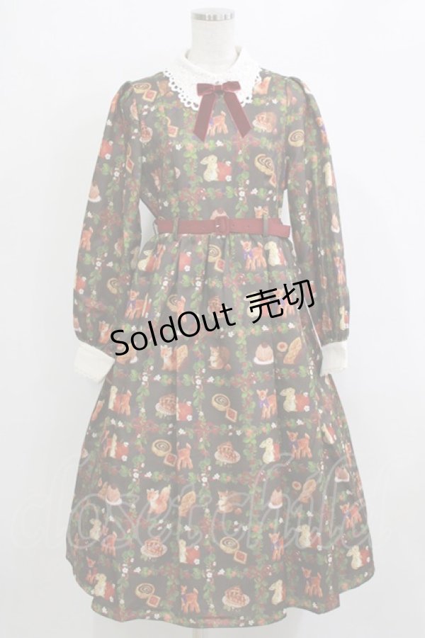 画像1: axes femme kawaii / 森のケーキ屋さん柄ワンピース M ブラウン H-26-02-12-011-AX-OP-NS-ZH (1)