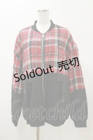 画像: NieR Clothing / チェック切替ZIPジャケット F 黒×赤 H-26-02-13-034-PU-JA-AK-ZH