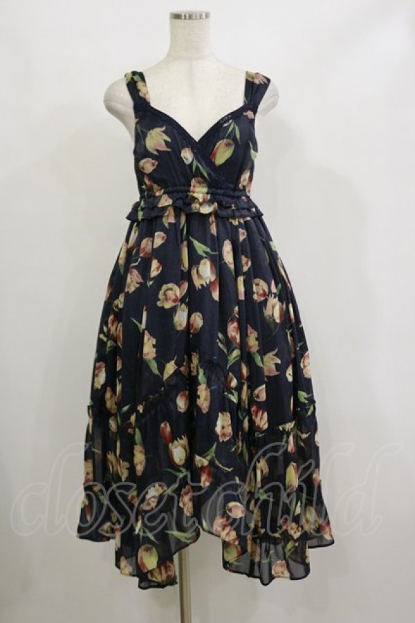 画像1: axes femme / チューリップ柄イレヘムワンピース M ネイビー H-26-02-16-045-AX-OP-NS-ZH (1)