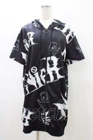 画像: NieR Clothing / 総柄ZIP半袖パーカー  ブラック H-26-02-18-1049-PU-TO-KB-ZH