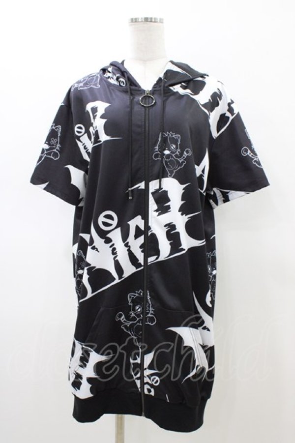 画像1: NieR Clothing / 総柄ZIP半袖パーカー  ブラック H-26-02-18-1049-PU-TO-KB-ZH (1)