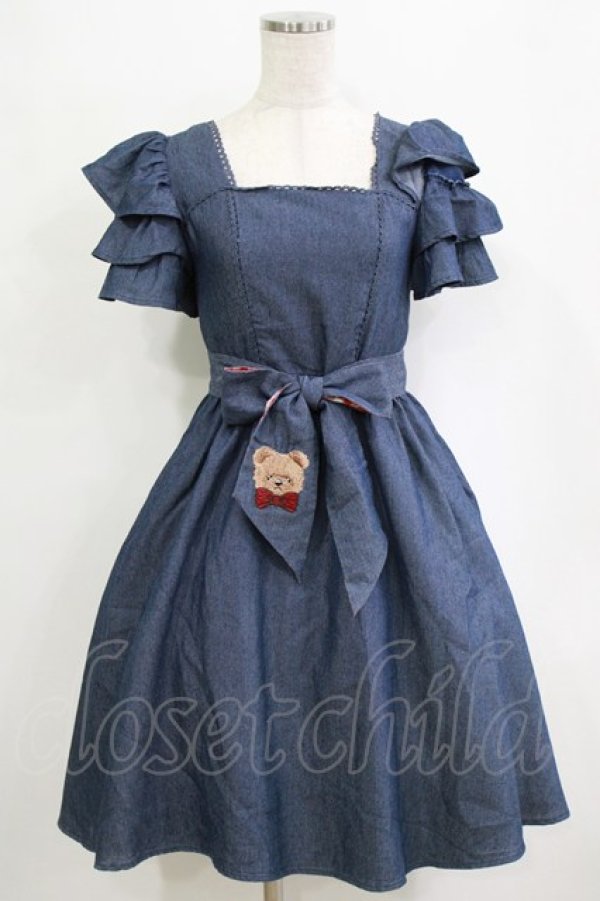 画像1: axes femme kawaii / ベアズベーカリー刺繍ワンピース M ブルー H-26-02-21-026-AX-OP-NS-ZH (1)