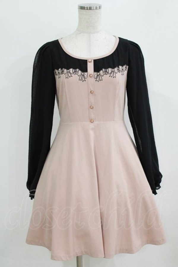 画像1: LODISPOTTO / リボン刺繍ワンピース M ピンク/ブラック H-26-02-22-024-LO-SK-NS-ZH (1)