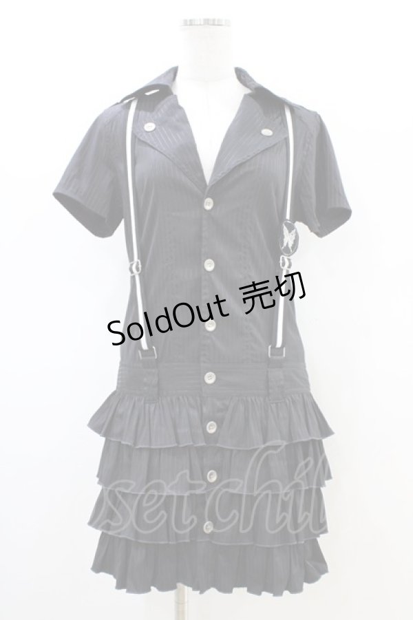 画像1: ALGONQUINS / サス付きストライプシャツワンピース F 黒 H-26-02-23-1047-AL-OP-AK-ZH (1)