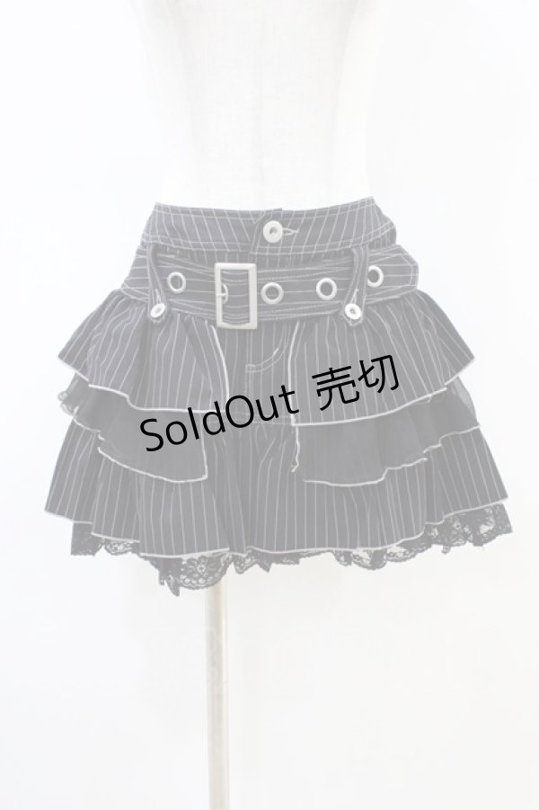 画像1: ALGONQUINS / ベルト付きストライプフリルスカート F 黒 H-26-02-23-1054-AL-SK-AK-ZH (1)