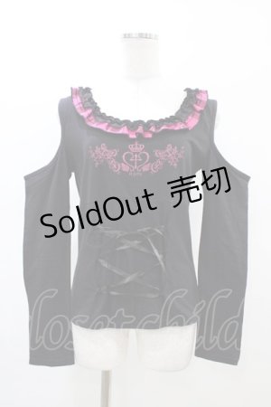 画像: h.Jelly HONEY / レースアッププリントカットソー  黒×ピンク H-26-02-23-1057-HN-TO-AK-ZH