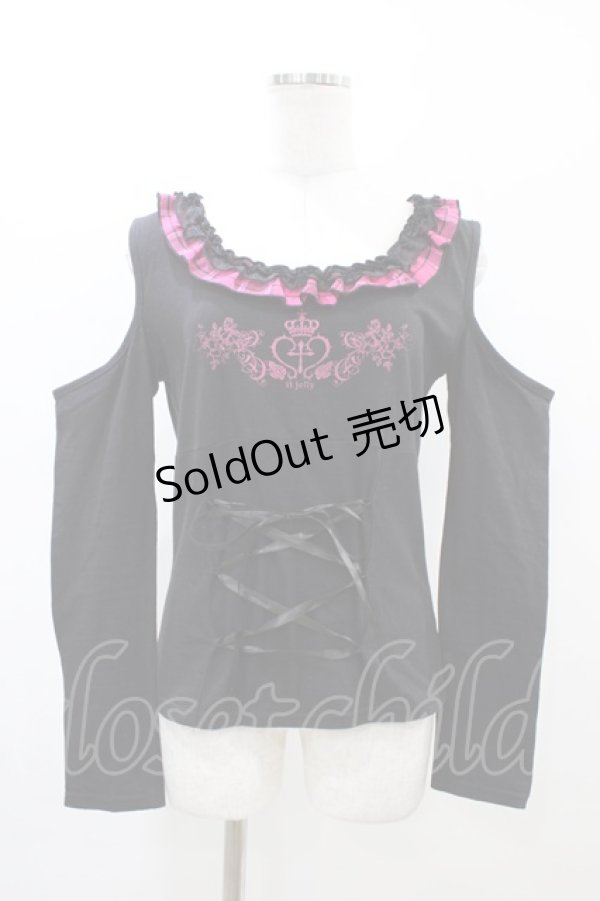 画像1: h.Jelly HONEY / レースアッププリントカットソー  黒×ピンク H-26-02-23-1057-HN-TO-AK-ZH (1)