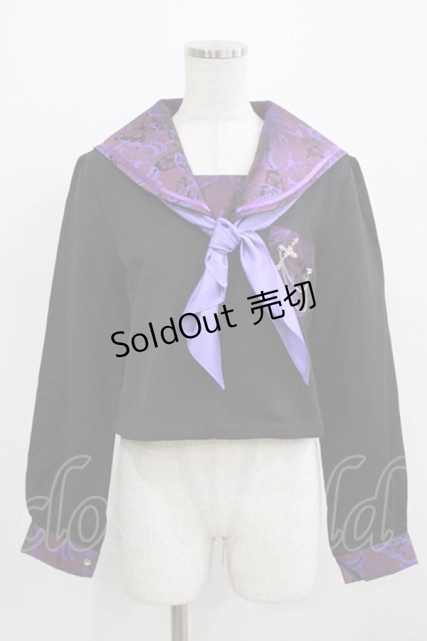 画像1: BLOOD SUPPLY（海外ブランド） / Purple Butterfly Gothic Japanese Bad Girl JK Short Sleeves tops L 黒×紫 H-26-02-24-1007-GO-TO-KB-ZH (1)