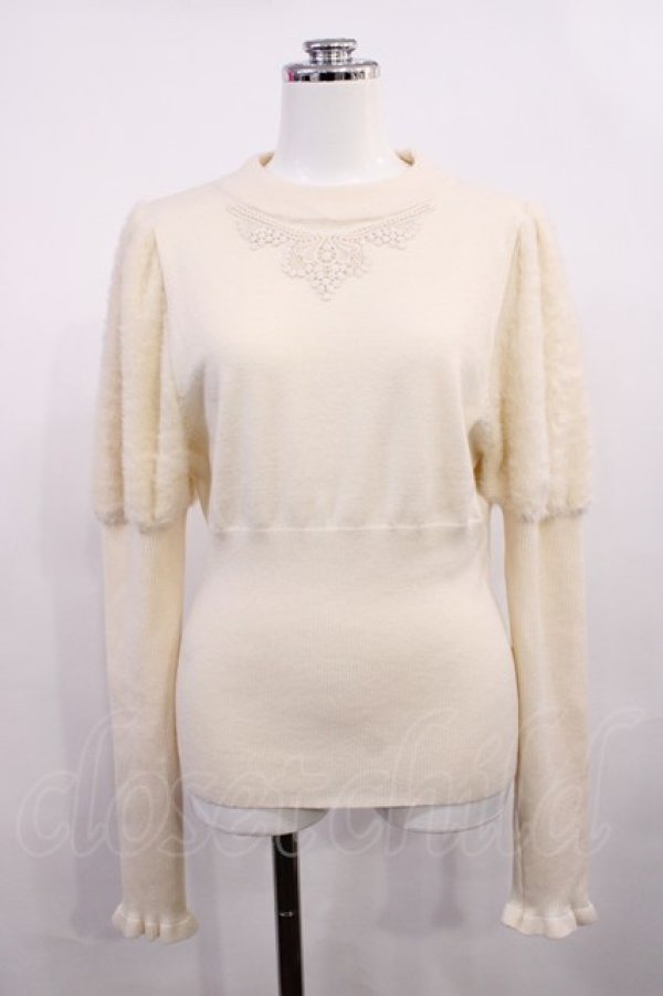 画像1: Kurumi Collaboration / 袖フェザーニットプルオーバー L オフ H-26-02-25-018-EL-TO-NS-ZH (1)