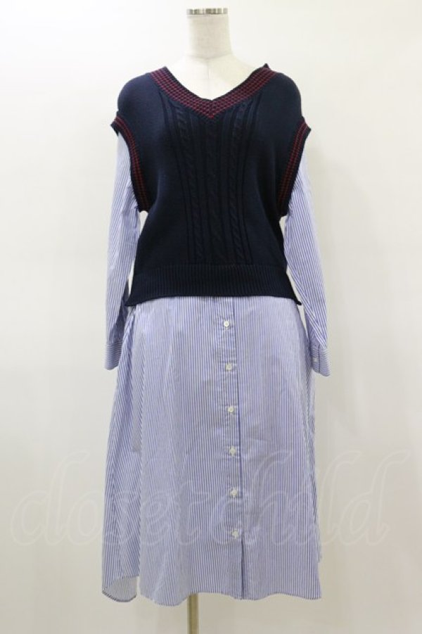 画像1: Jane Marple Dans Le Salon / Tilden vest and stripe trompe-l'oeil dress  ネイビー×ブルー H-26-03-01-030-JM-OP-KB-ZH (1)