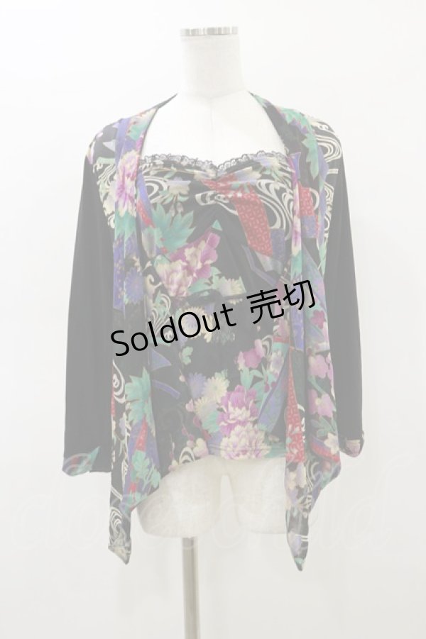 画像1: Qutie Frash / 和柄ベアトップ＆カーディガン  黒 H-26-03-01-002-QU-TO-KB-ZH (1)