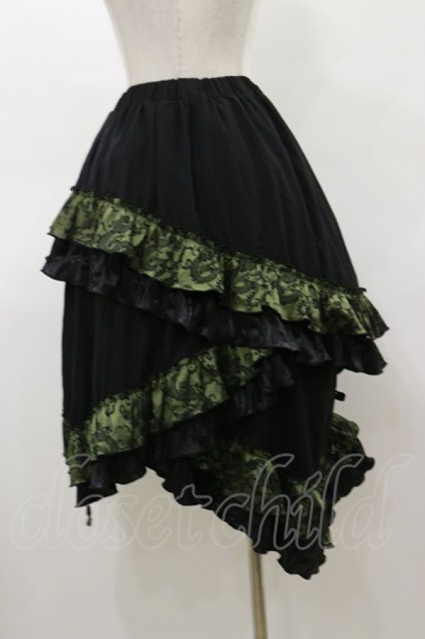 画像2: Qutie Frash / ジャガードフリル3段フリルスカート  黒×カーキ H-26-03-01-018-QU-SK-KB-ZH (2)