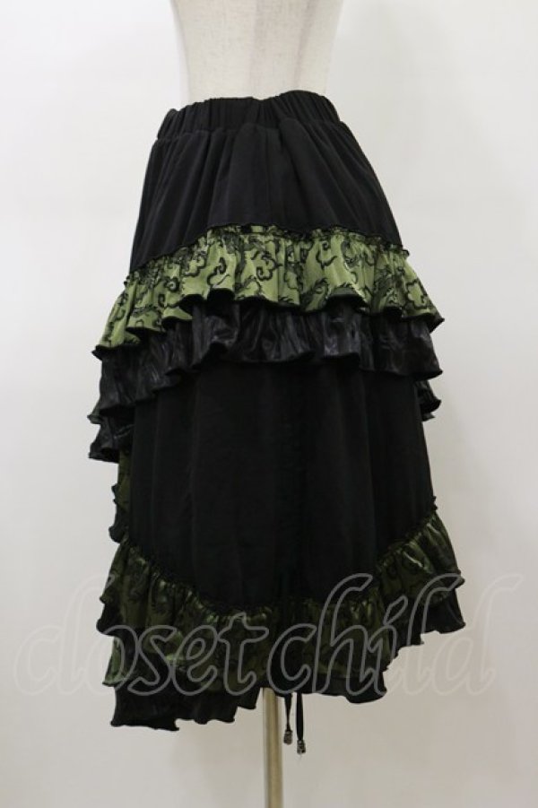 画像3: Qutie Frash / ジャガードフリル3段フリルスカート  黒×カーキ H-26-03-01-018-QU-SK-KB-ZH (3)