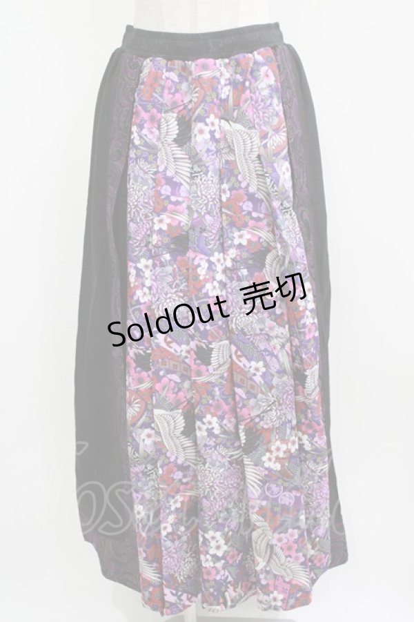 画像1: Qutie Frash / 和柄袴ロングスカート  黒×紫 H-26-03-02-025-QU-SK-KB-ZH (1)