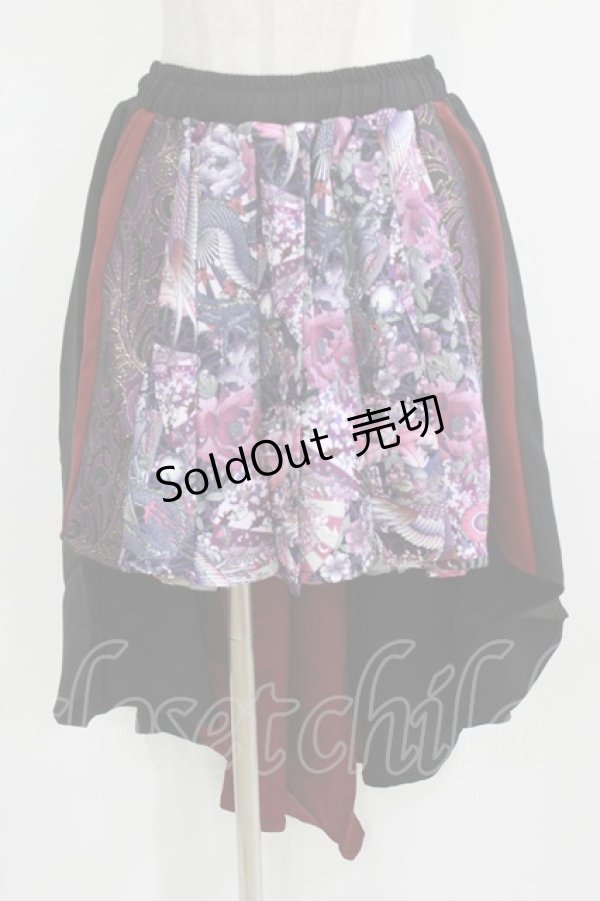 画像1: Qutie Frash / 和柄プリーツスカート  黒×赤×紫 H-26-03-02-026-QU-SK-KB-ZH (1)