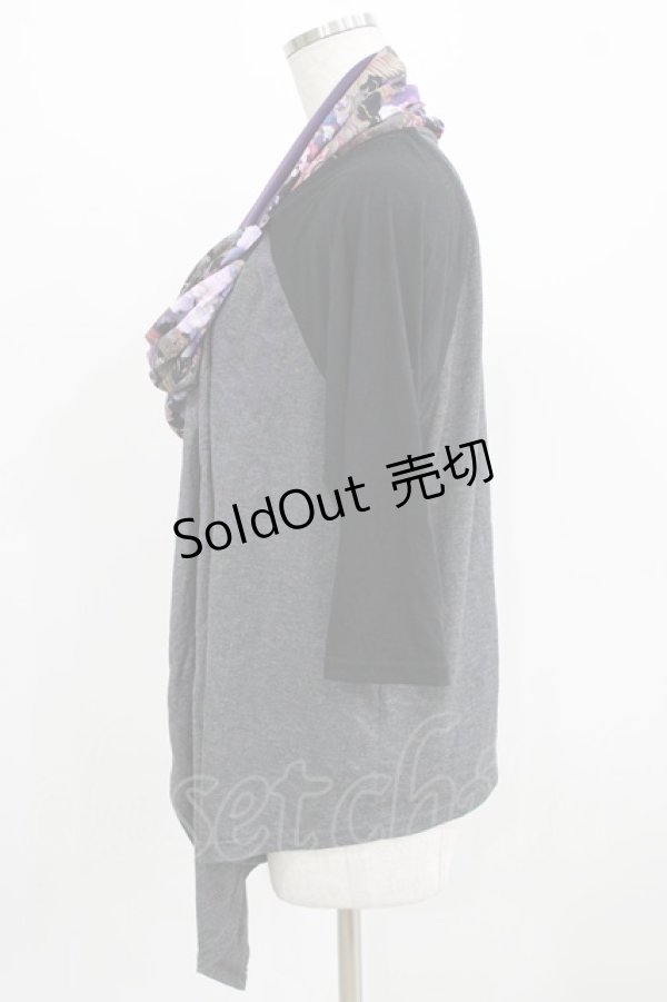 画像2: Qutie Frash / 和柄切替カットソーカーデ  グレー H-26-03-02-053-QU-TO-KB-ZH (2)