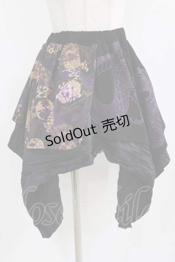 画像1: Qutie Frash / 和柄ミニスカート  黒 H-26-03-02-018-QU-SK-KB-ZH (1)