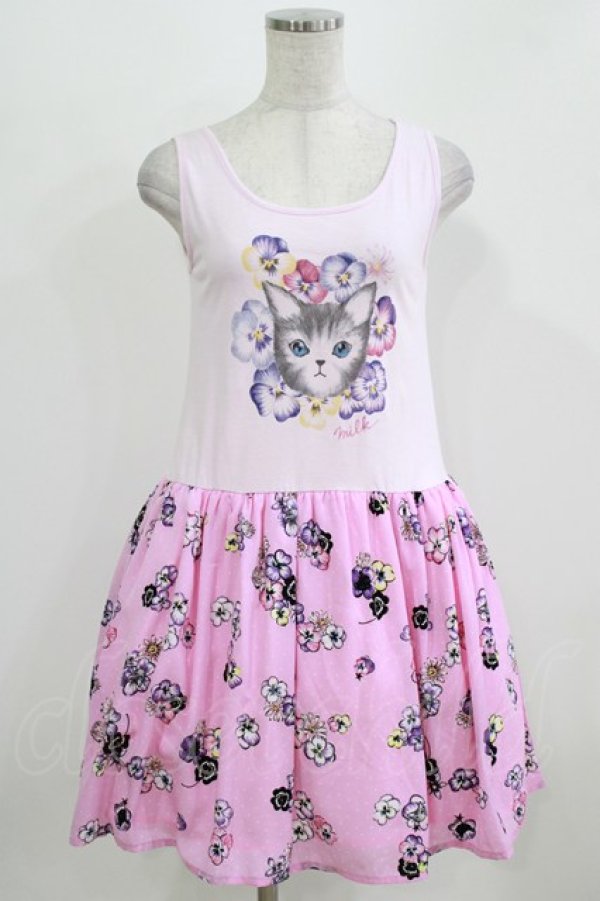 画像1: MILK / パンジーCATカットワンピース  ピンクベース H-26-03-03-002-ML-OP-KB-ZH (1)