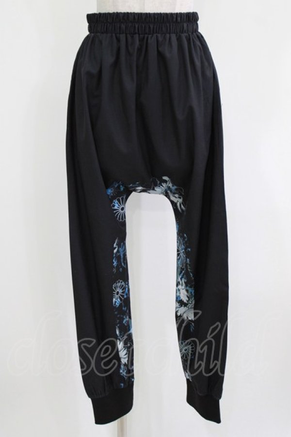 画像1: NieR Clothing / ブロッキングサルエルパンツ  黒×和柄九尾水色 H-26-03-04-1008-PU-PA-KB-ZH (1)