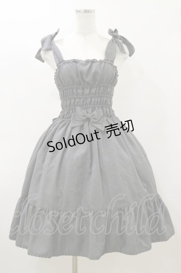 画像1: metamorphose / 肩リボンストライプジャンパースカート Free グレー H-26-03-05-1074-ME-OP-NS-ZH (1)