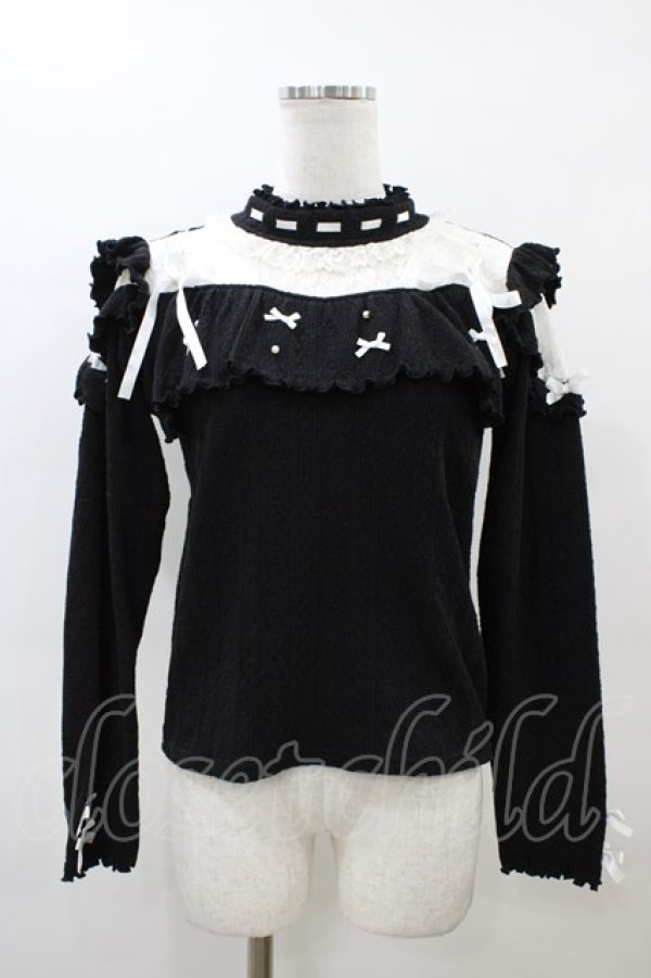 画像1: NOEMIE / メニーパールリボンデコルテレースカットソー M ブラック H-26-03-06-1056-LO-TO-NS-ZH (1)