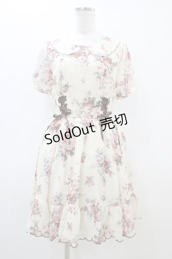 画像1: axes femme POETIQUE / 花柄スカラップ襟半袖ワンピース M アイボリー H-26-03-06-1025-AX-OP-NS-ZH (1)