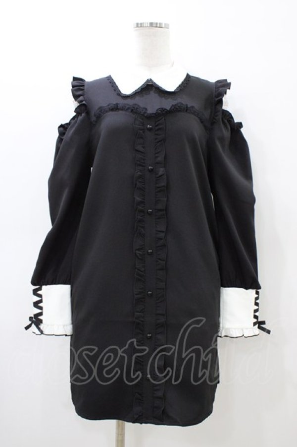 画像1: DearMyLove / フリルたっぷりオフショルシャツワンピース M ブラック H-26-03-07-1038-EL-OP-NS-ZH (1)