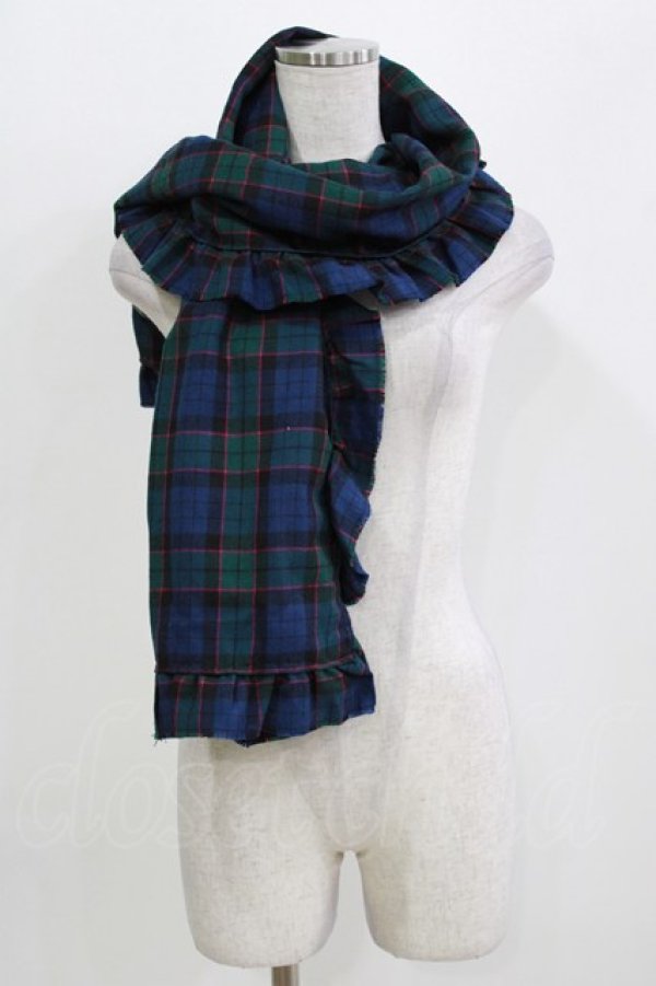 画像1: Jane Marple / ウールタータンのフリルストール  ネイビー×グリーン H-26-03-07-072-JM-ZA-KB-ZH (1)