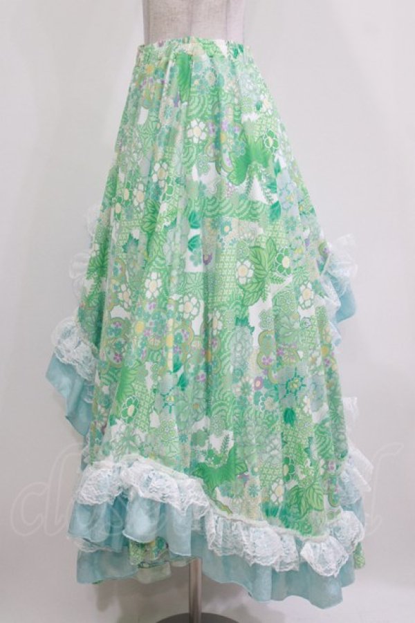 画像2: Qutie Frash / 和柄ロングスカート  ミントグリーン H-26-03-07-021-QU-SK-KB-ZH (2)