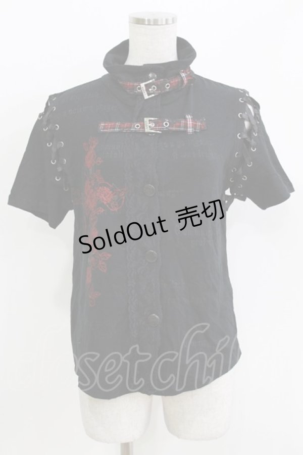 画像1: H jelly / チェックベルト半袖カーディガン  黒×赤チェック H-26-03-09-1053-HN-TO-KB-ZH (1)