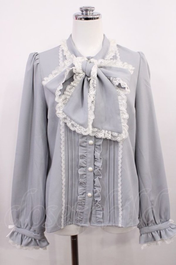 画像1: DearMyLove / レースフリルたっぷり上品ボウタイリボンブラウス M ブルーグレー H-26-03-12-1032-EL-BL-NS-ZH (1)