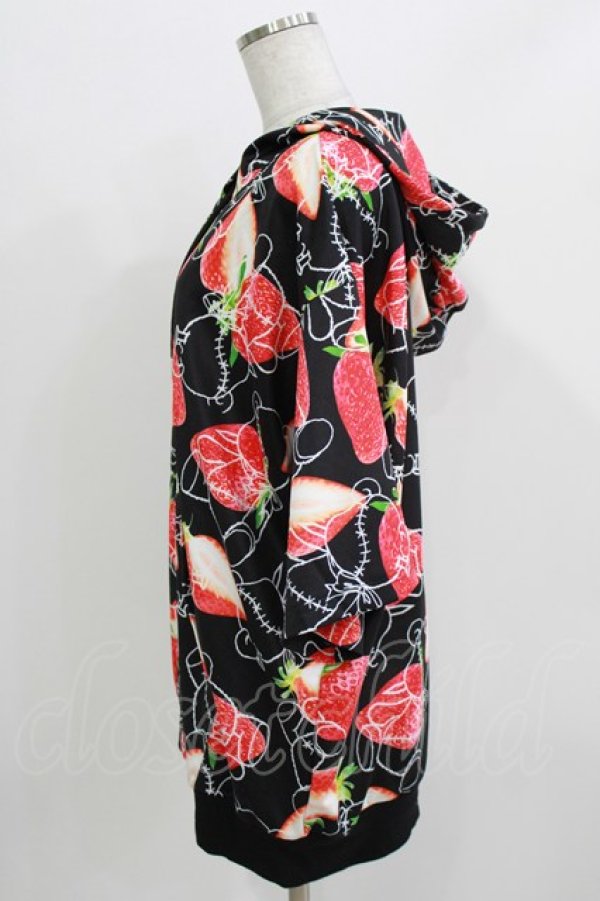 画像2: Amilige / ストロベリーベア総柄ZIP半袖パーカー  ブラック H-26-03-14-1024-PU-TO-KB-ZH (2)