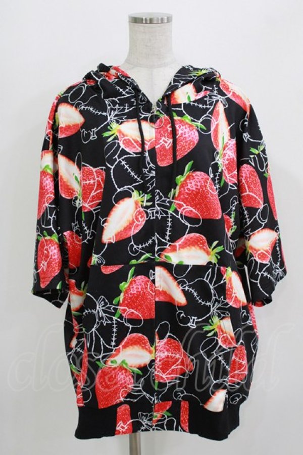画像1: Amilige / ストロベリーベア総柄ZIP半袖パーカー  ブラック H-26-03-14-1024-PU-TO-KB-ZH (1)