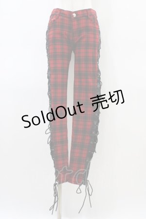 画像: BANNED APPAREL / レースアップチェックパンツ M 赤 H-26-03-15-009-PU-PA-KB-ZH