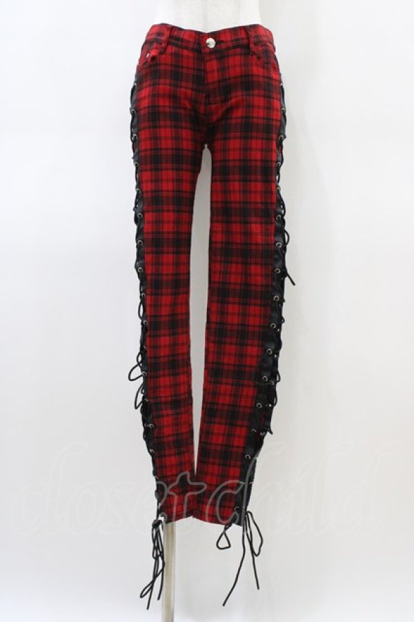 画像1: BANNED APPAREL / レースアップチェックパンツ M 赤 H-26-03-15-009-PU-PA-KB-ZH (1)
