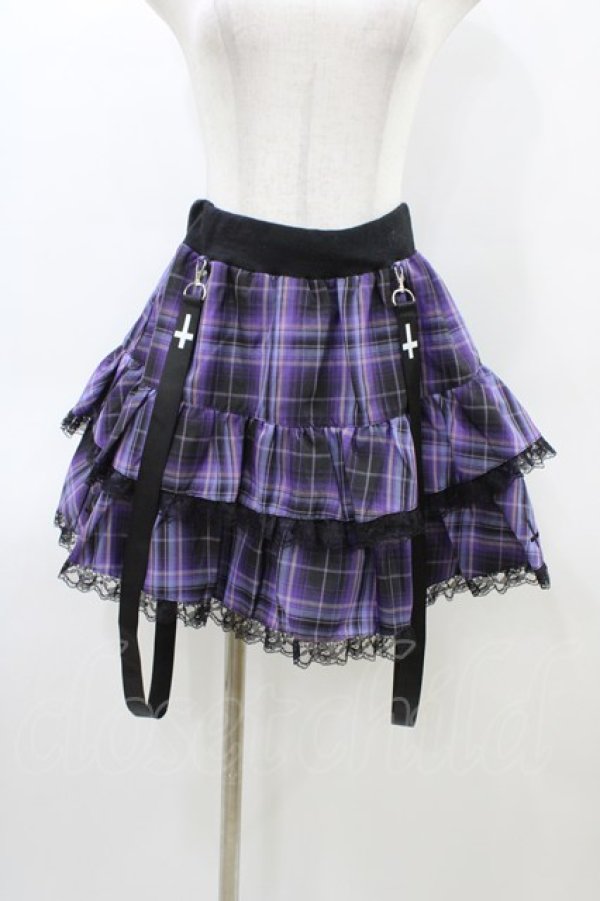 画像1: NieR Clothing / サス付チェックフリルスカート  黒×紫 H-26-03-15-013-PU-SK-KB-ZH (1)