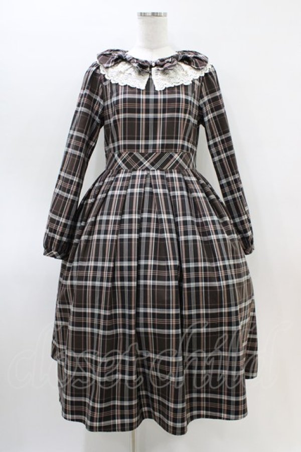 画像1: Melody BasKet / リボンとレースカラーのタータンチェックワンピース M ブラウン H-26-03-15-018-LO-OP-KB-ZH (1)