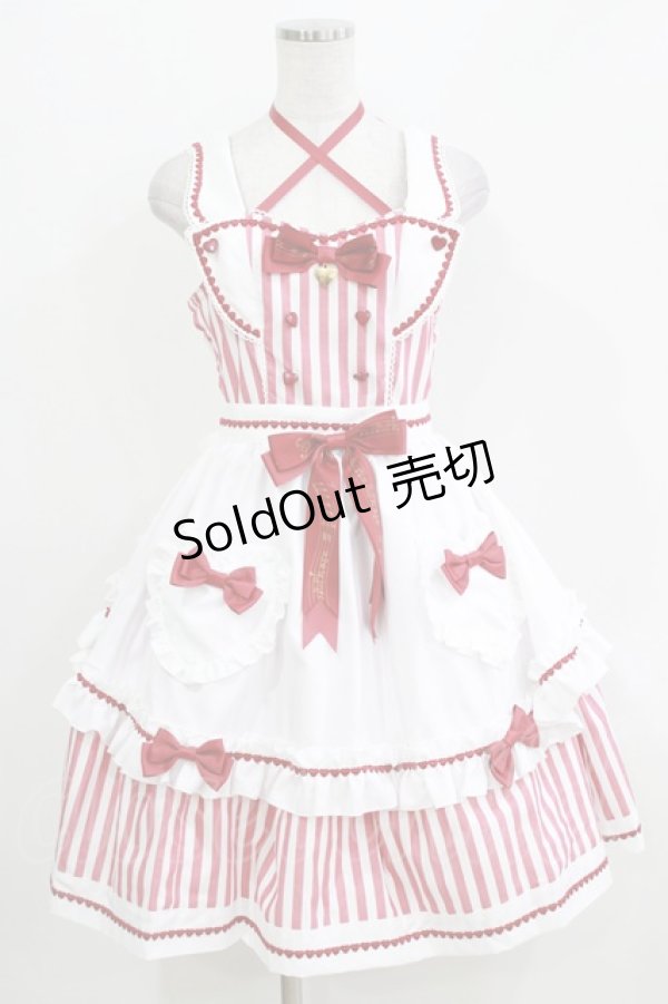 画像1: metamorphose / Chelsea エプロン付ジャンパースカート(ストライプ) Free レッド H-26-03-16-001-ME-OP-NS-ZH (1)