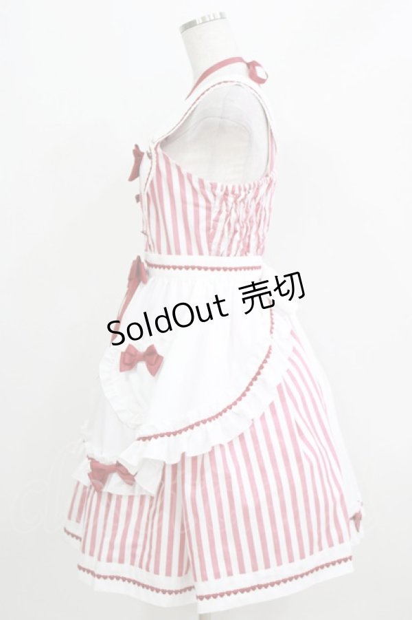 画像2: metamorphose / Chelsea エプロン付ジャンパースカート(ストライプ) Free レッド H-26-03-16-001-ME-OP-NS-ZH (2)