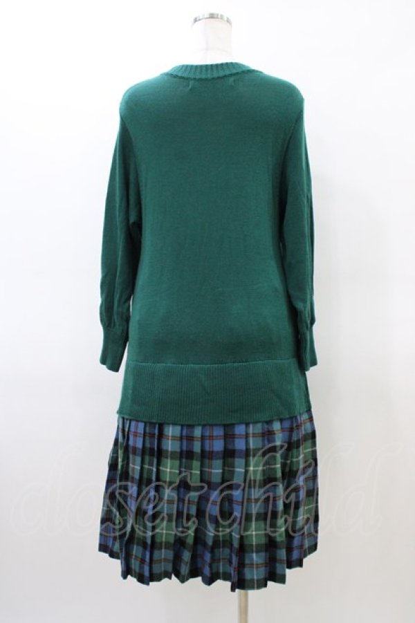 画像2: Jane Marple Dans Le Salon / Knit Tartan check trompe-l'oeil dress  グリーン H-26-03-17-1028-JM-OP-KB-ZH (2)