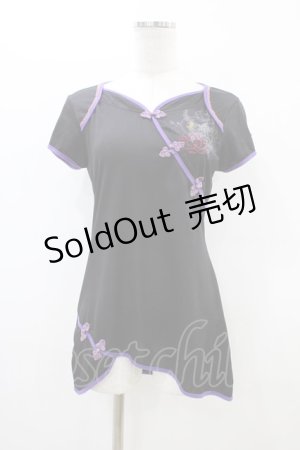 画像: Ozz oneste / チャイナ刺繍半袖カットソー  黒 H-26-03-17-1044-OO-TO-AK-ZH