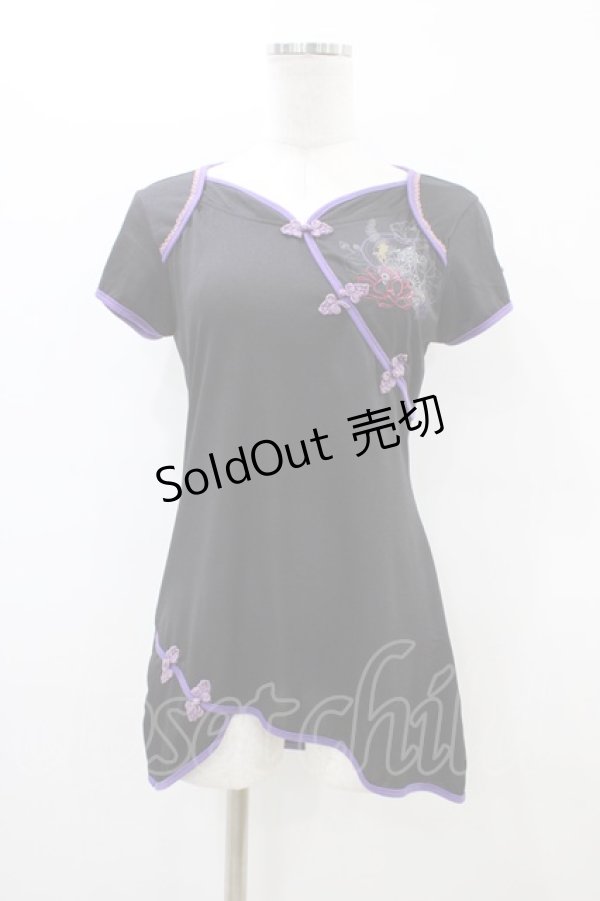 画像1: Ozz oneste / チャイナ刺繍半袖カットソー  黒 H-26-03-17-1044-OO-TO-AK-ZH (1)