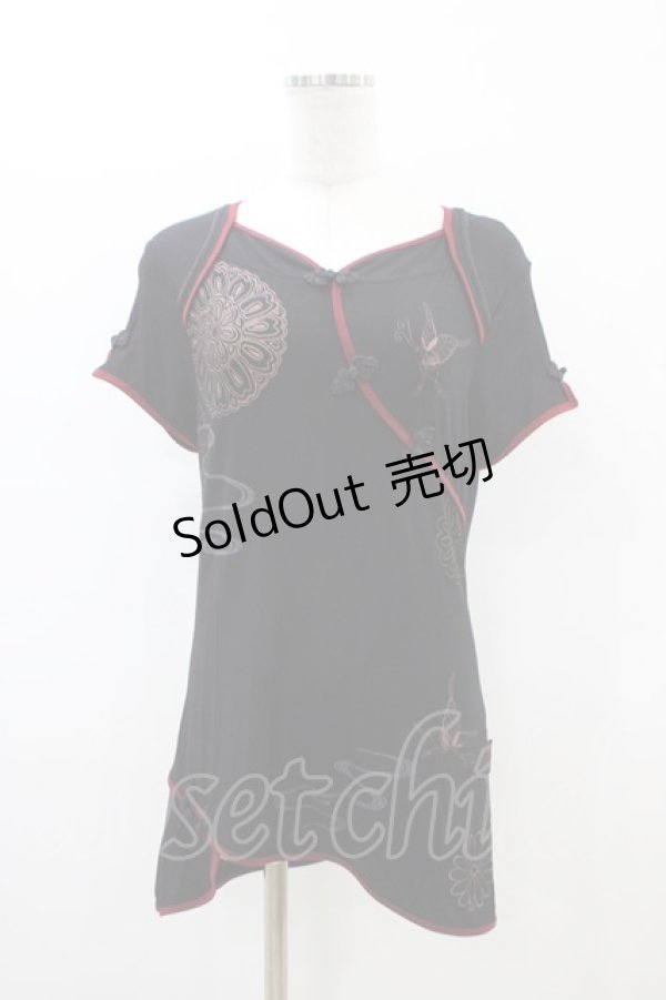 画像1: Ozz oneste / チャイナ刺繍半袖チュニック  黒×赤 H-26-03-17-1045-OO-TO-AK-ZH (1)